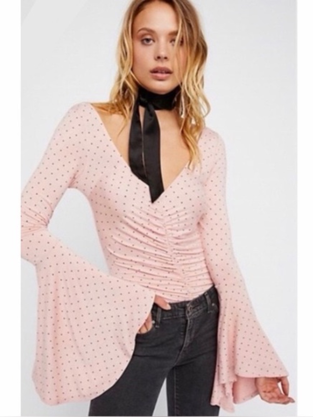 Free People We The Free What a Babe Pink Bell-Sleeve Polka Dot Top, Size Medium
